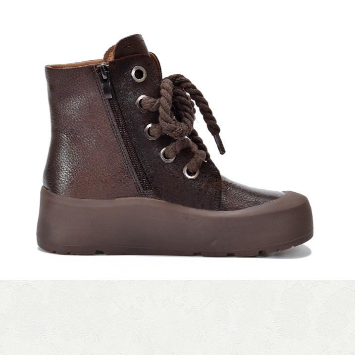 Johnature Retro Genuine Leather Short Boots Lace Up Thick Sole Plush Warm Cotton Boots Women's Shoes