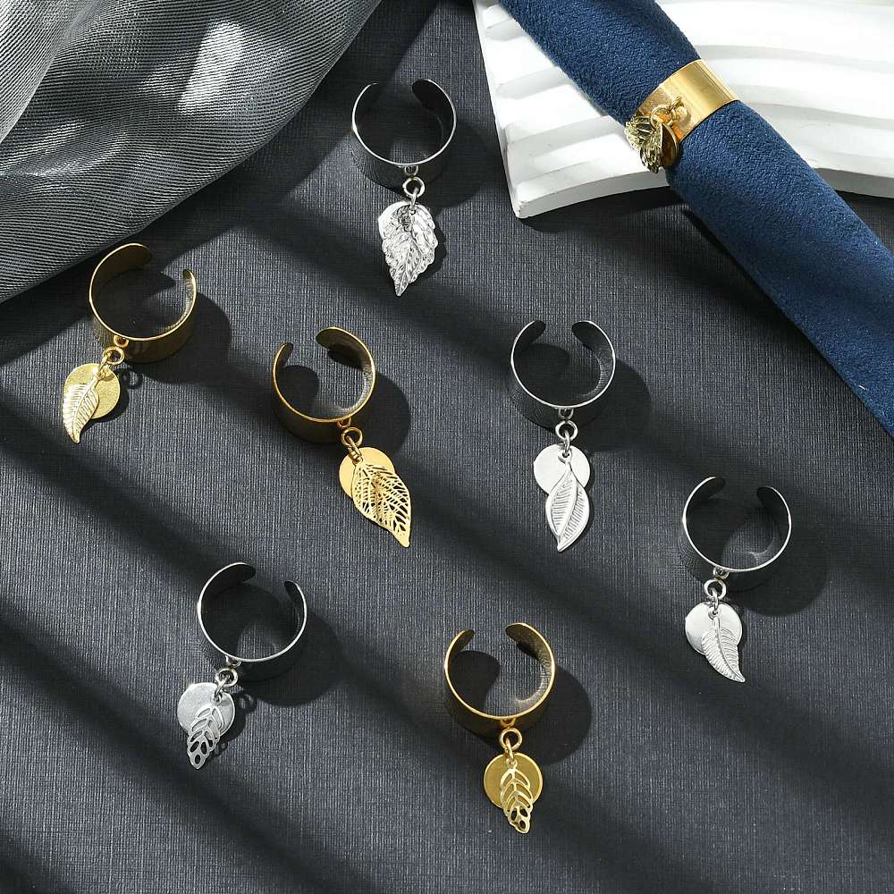 8Pcs 4 Style 304 Stainless Steel Open Cuff Finger Rings with Leaf Charms, Golden & Stainless Steel Color, Inner Diameter: 17~18mm, 2Pcs/style