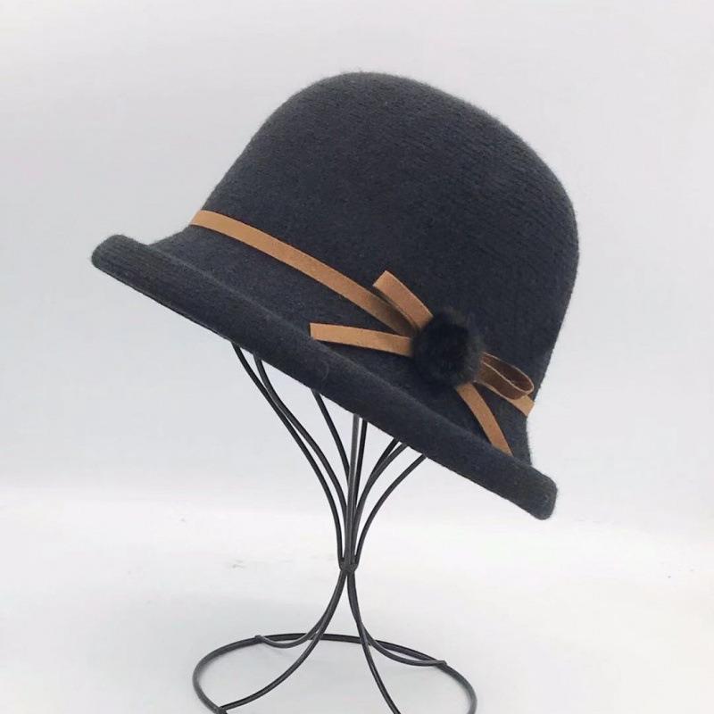Woolen Bucket Hat Women's Autumn and Winter Bow Korean Version Versatile Japanese Dome Basin Hat British Retro Top Hat Tide