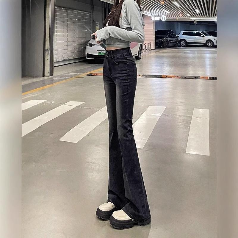 Women's Black-Gray Micro-Flare Jeans: 2024 Autumn High-Waisted Slimming Fit