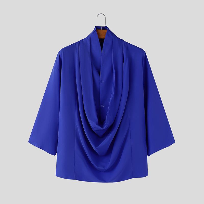 INCERUN Oversized Summer Men Swing Neck 3/4 Sleeve Casual Ruffled T-shirts Tee Tops