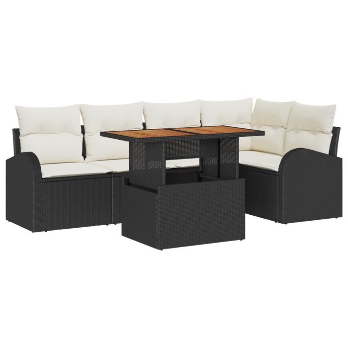 VidaXL Set de salle à manger de jardin 6 pièces avec coussins noir poly rattan acacia 3349585