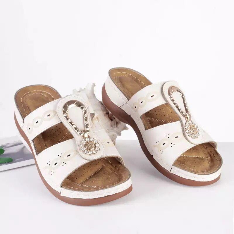 Slippers women's slope heel stitching rhinestone cool slippers new large size hollow flat sandals