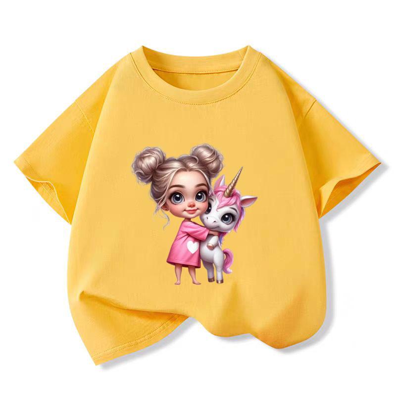 

Футболка для девочки с графическим принтом «Девочка-единорог», хлопок, розовая, топы, футболка, 2025, новая летняя мода, детская футболка, для подростков 6 8 10 12 лет 150