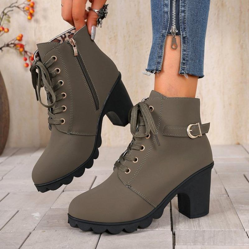 Coarse Heel Short Boots Round Head Lace-up and Bare Boots New High Heel Side Zipper Martin Boots Women's Single Boots Belt