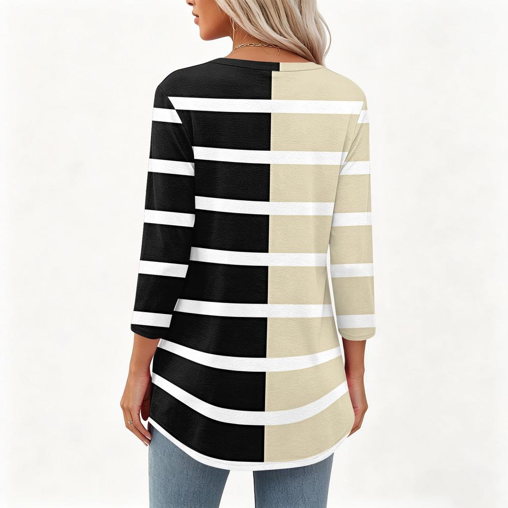 Womens 3/4 Sleeve V Neck Henley Pullover Top Geometric Print Casual Loose Fit Tunic Shirt