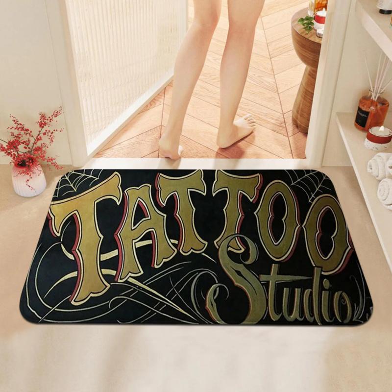 VIKAMA Tattoo Studio Retro Style Doormat Non-Slip Scratch-Resistant Entry Porch Mat Living Room Bedroom Carpet Home Decoration