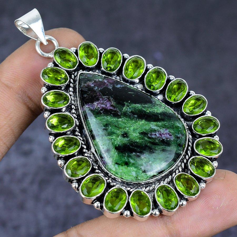 Natural Ruby Zosite, Peridot 925 Sterling Silver Jewelry Pendant 2.68" ETC-13793