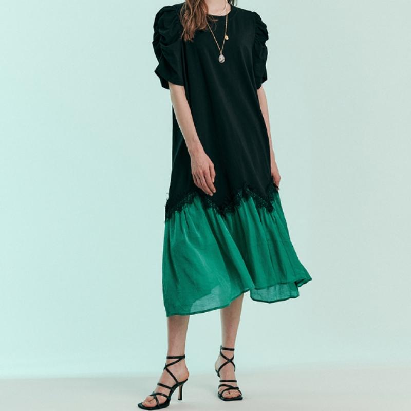 Maxza Color Block Shirring Puff Sleeve Long Dress Zc07qp003on