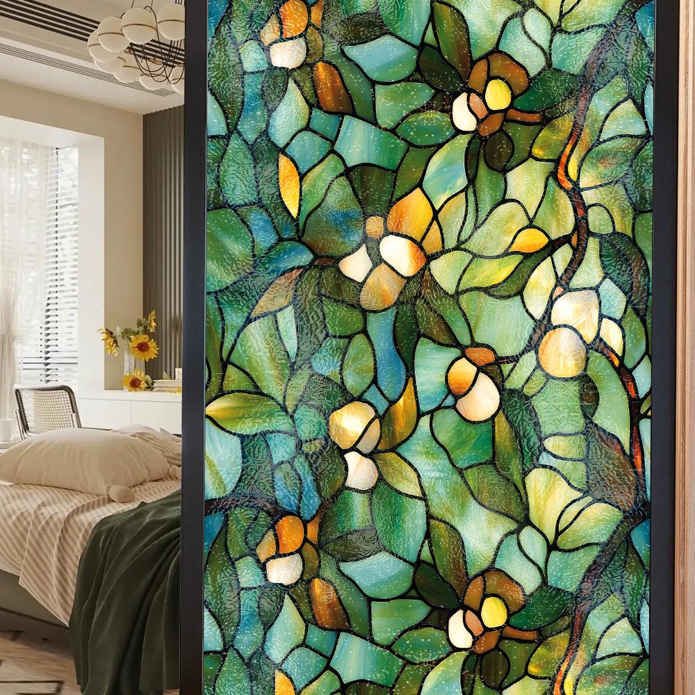 Double-sided Colored Window Privacy Film, Stained Glass Decorative Static Cling, Removable Laser Sun Blocking Vinyl Covering