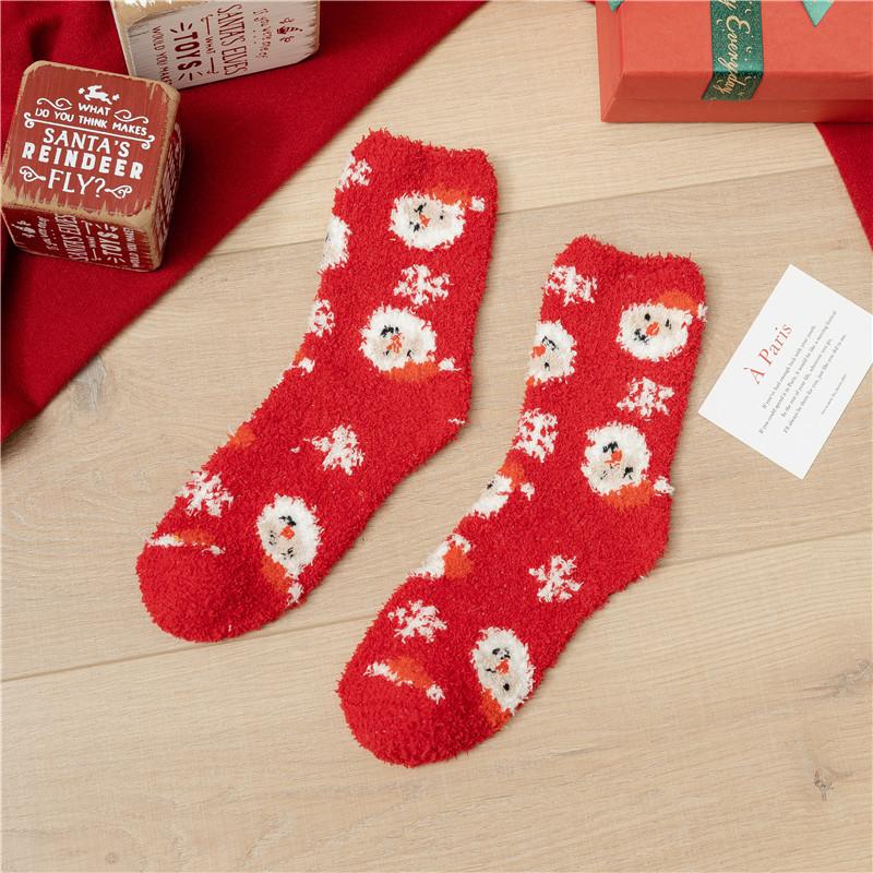 Kawaii Christmas Socks Autumn Winter Thicken Warm Mid-tube Plush Women Socks Coral Fleece Cartoon Homewear Floor Sleeping Socks