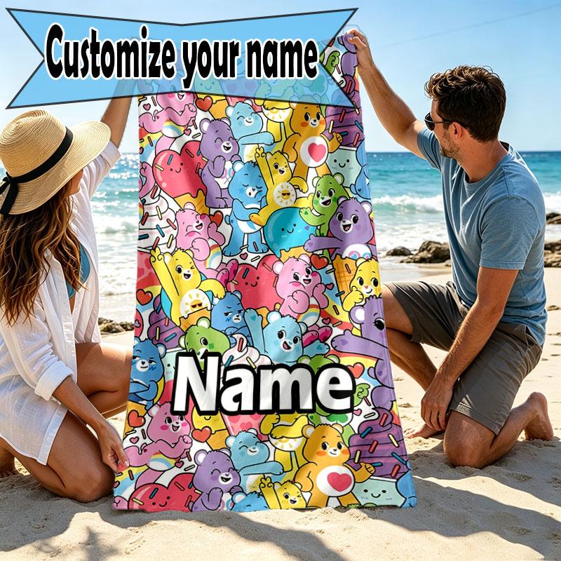 Custom Name Personalized Care Bears Print Beach Towel, for Trip Camping Beach Party Home Decor, Birthday Gift for Family & Friends