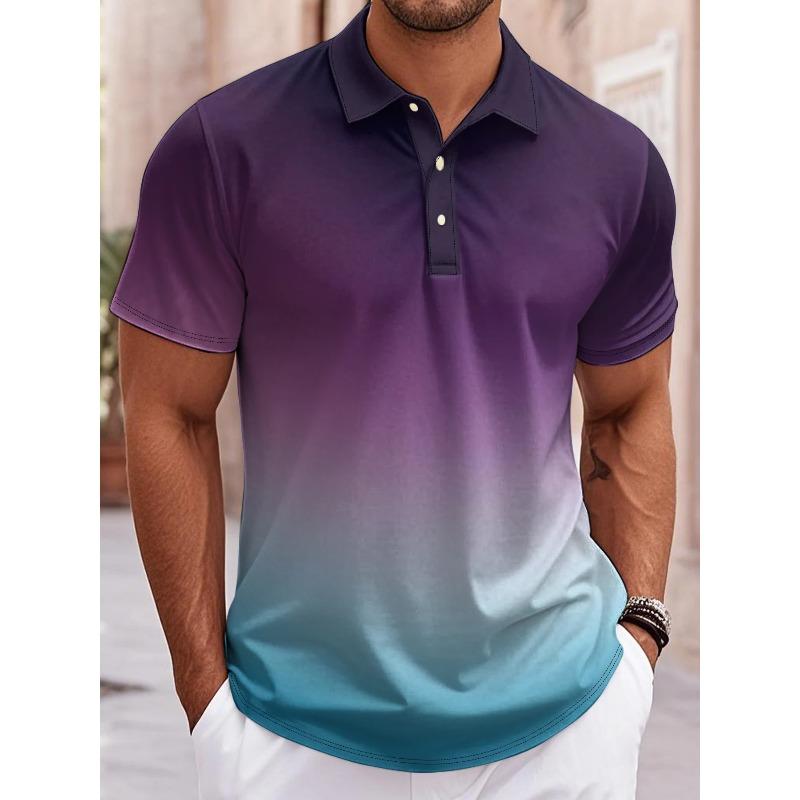 Men s Polo Shirt Gradient 3D Print Men s Tops Outdoor Casual Button Lapel T-Shirt Street Fashion Male Loose Oversized Clothing S