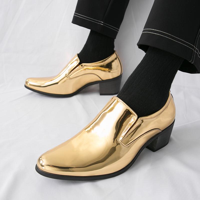 Fashion New British Fashion Men's Gold Pointed Thick-soled Height Increasing Shoes Male Moccasins Wedding Prom Homecoming Footwear
