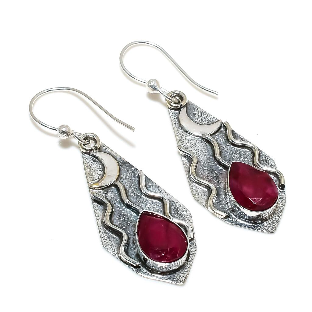 Dainty Kashmir Ruby Gemstone Earrings, 925 Sterling Silver Earring, Handmade Boho Silver Jewelry Dangle Earrings, Party Wear Gifts