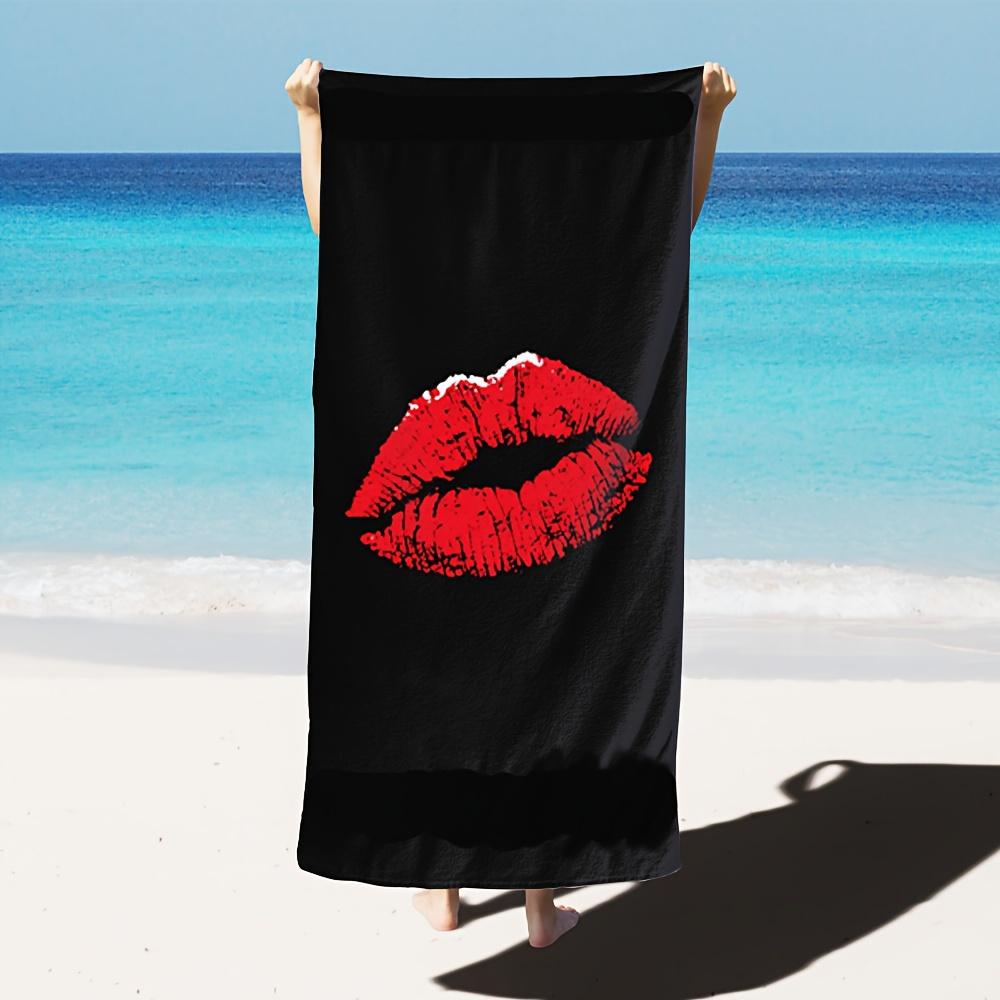 

Oversized Attractive Red Lips Black Microfiber Beach Towel, Soft Lightweight Sand-Free for Travel W40*H60(CM)