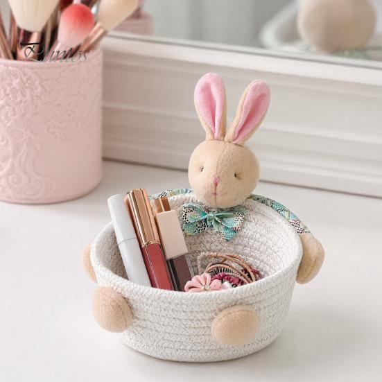Gentle Color Storage Basket Desktop Basket, Cartoon Plush Bear And Rabbit Rope Decorative Plaid Bow Organizer Shape, Woven for Small Items Jewelry