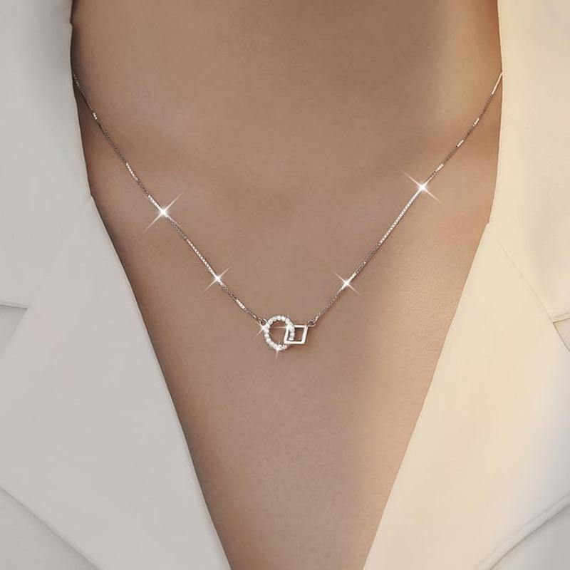 S925 Sterling Silver Necklace Square Circle Double Ring Pendant Jewelry Elegant Fashion Jewelry Gifts