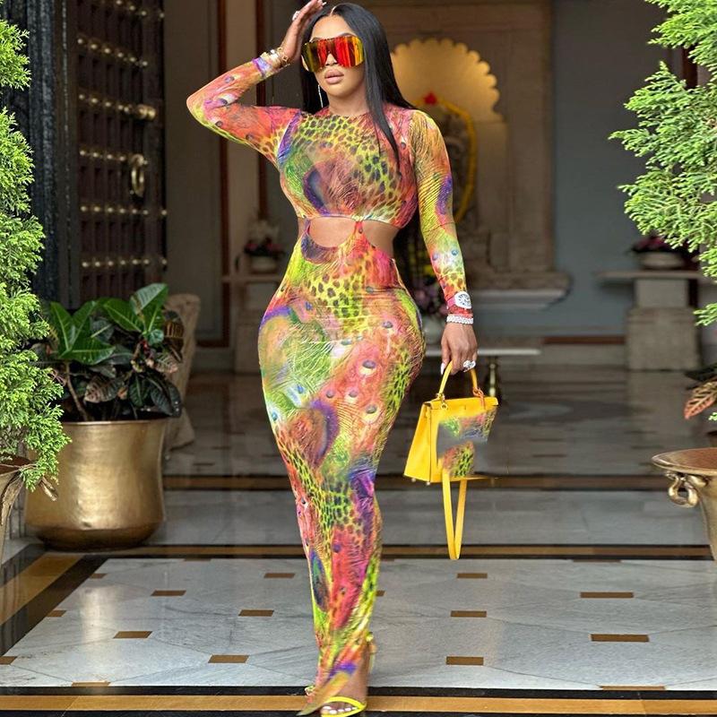 European and American Style Round Neck Tight Long Dress with Printed Long Sleeves and Hip Hugging Skirt