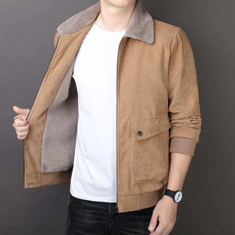 New Winter Style Men's Corduroy Thickened Jacket Cotton Jacket Middle-aged Business Casual Plus Velvet Warm Lapel Jacket