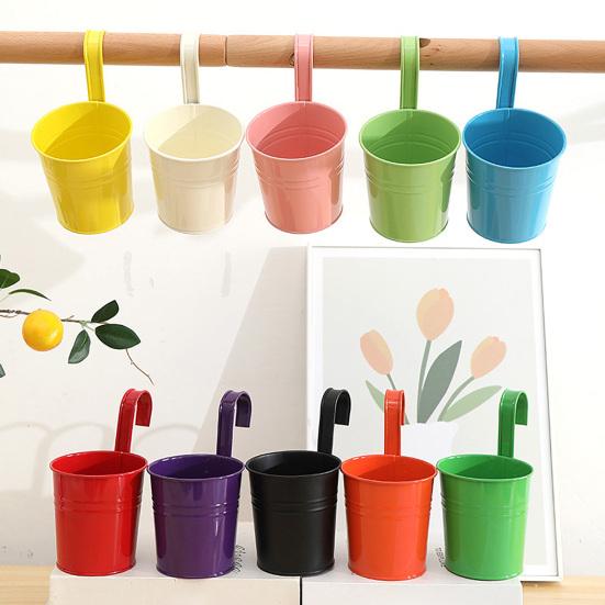 Metal Hanging Planter Flower Pot with Drain Hole Detachable Hook Railing Plant Pot for Balcony Garden Fence