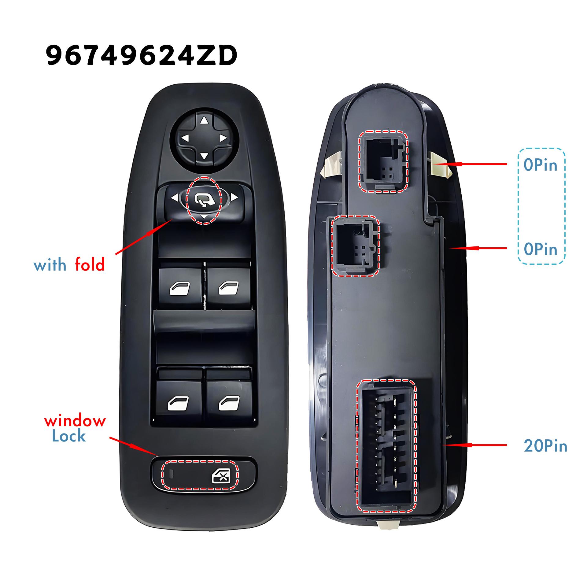 96749624ZD For Peugeot 208 2008 2013-,Front Left Driver Side Electric Power Window Switch Master Glass Lifter Control Button with Fold 20Pin