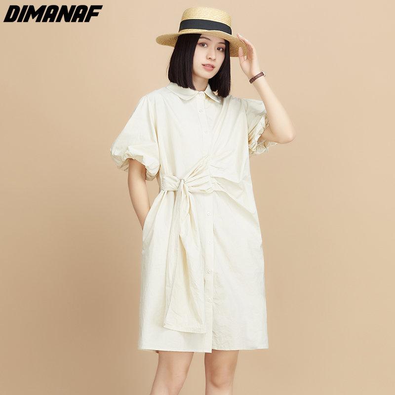 

DIMANAF 2023 Plus Size Летнее Платье-рубашка Женское Модное Дизайн А-силуэта Короткие Рукава Офисное Леди Платье Миди Хлопок
