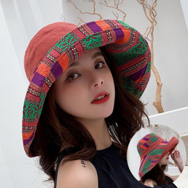 Women's Double-sided Sun Visor Bucket Hat Korean Style All-match Ethnic Style Travel Sun Protection Beach Hat