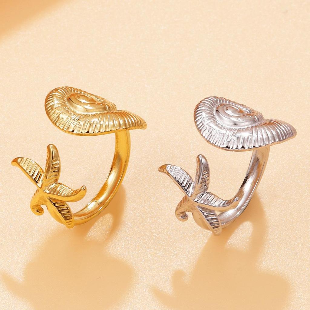 Stylish Ocean Animal Ring: Starfish & Seashell Design, Stainless Steel, Adjustable Open Band