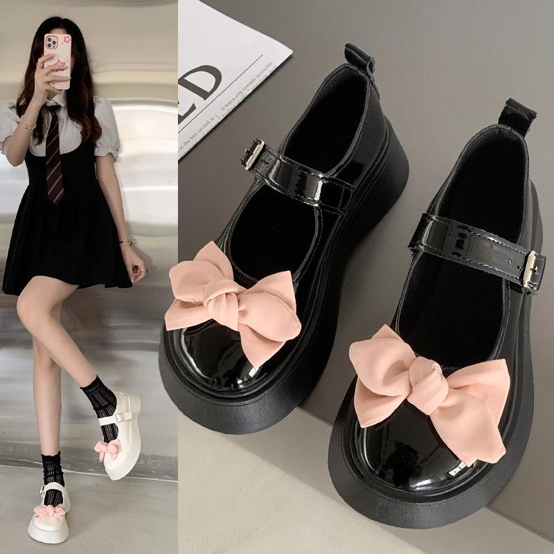 Small Leather Shoes Women's 2025 Spring and Summer New Round Head Retro Bow One-word Buckle Mary Jane Shoes College Style Shoes