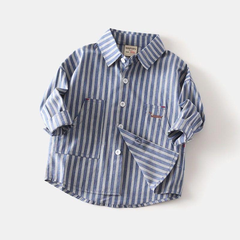 Boys' Striped Shirt Spring and Autumn Children's Clothing Baby Boy Casual Embroidered Long-Sleeved Shirt Children's Collared Shirt Top