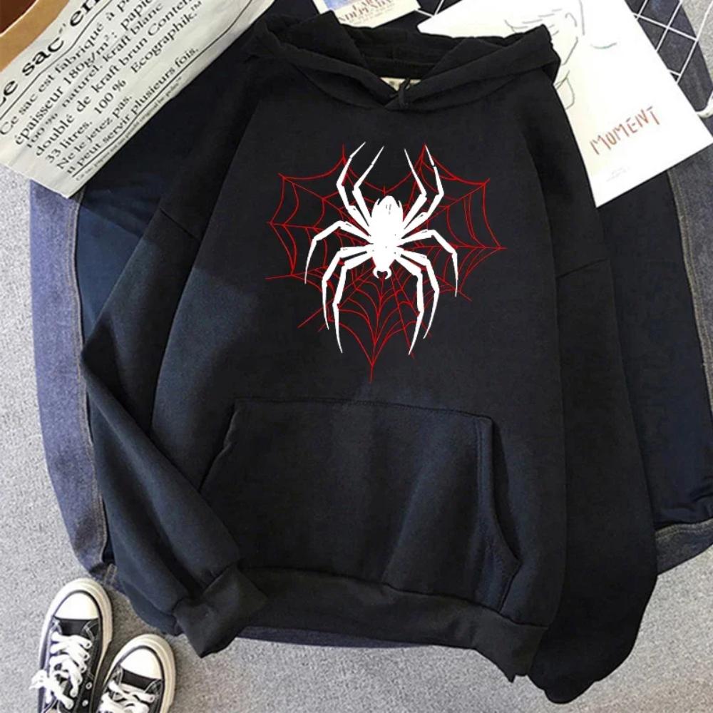 2026 Dark Gothic Insect Oversized Hoodie Retro Spider And Web Line Graphic Print Pullover Sweatshirt Punk Style Loose Streetwear