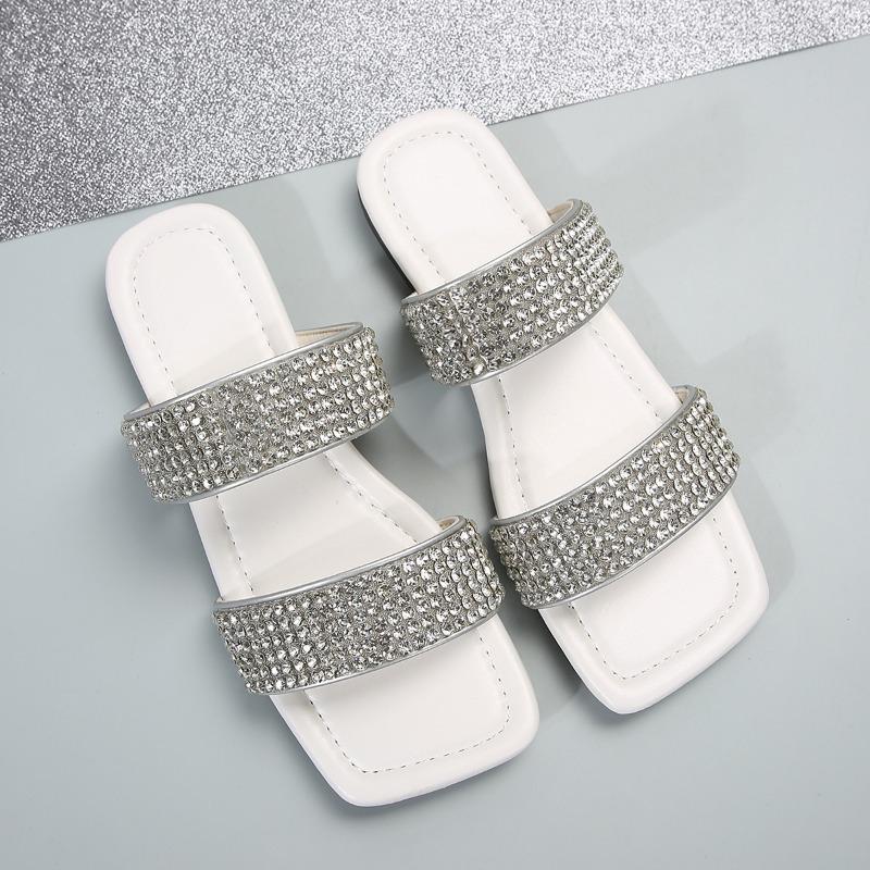 Fashion Summer New Flat Sandals Women's Fashion Square Head Open-toe Rhinestone Soft Bottom Slip-resistant Wear-resistant Slippers
