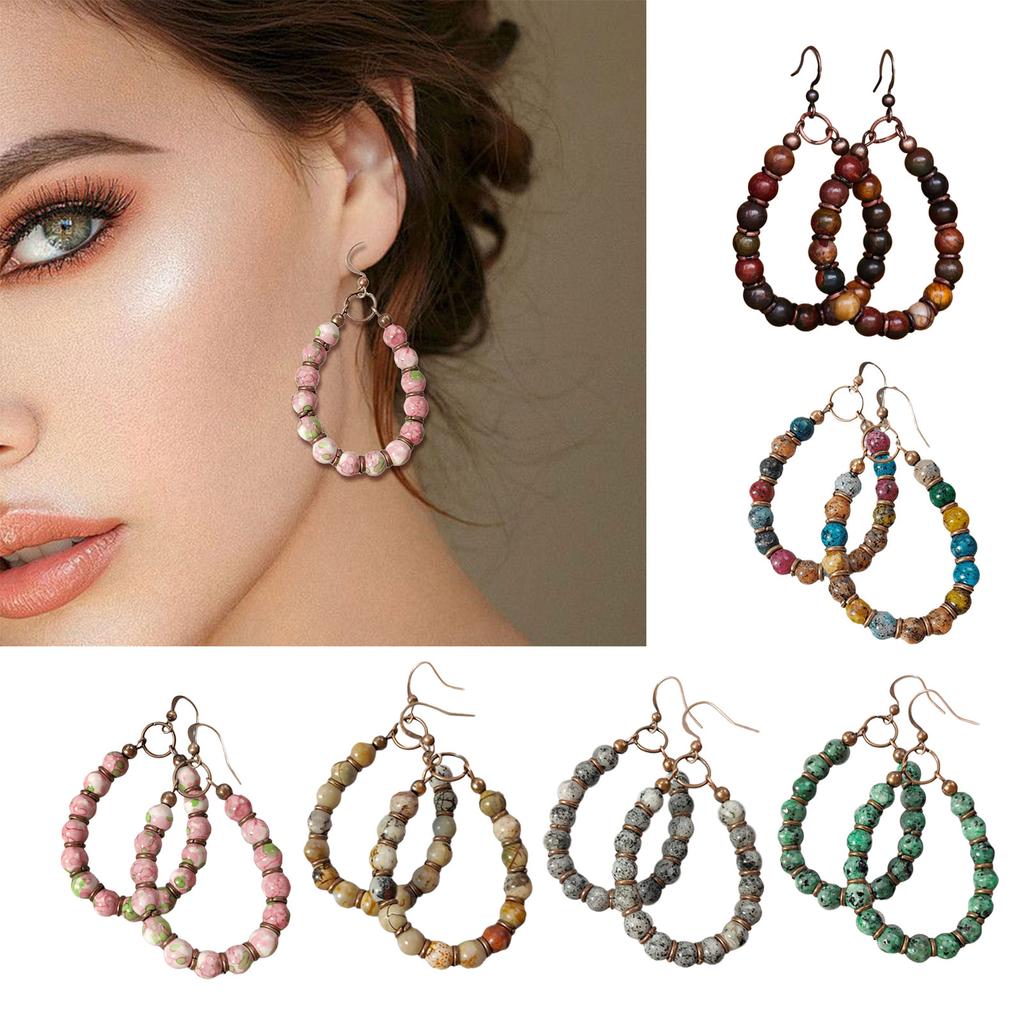 Handgjorda Retro Boho Chic Dangle-örhängen med Natursten och Pärlhänge Perfekta för Vardagsbruk och Festivaler
