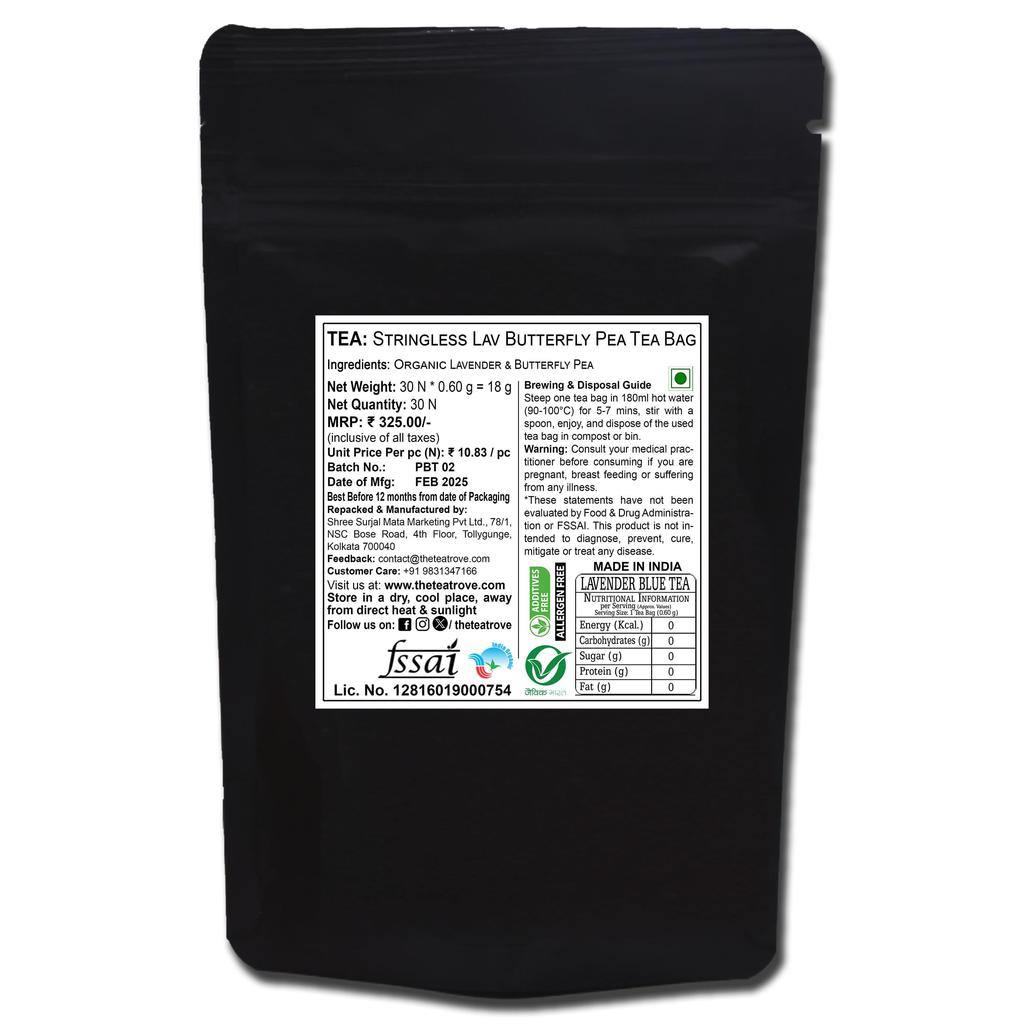 The trove Sacs de Thé Fleur de Pois Bleu Lavande - 30 Sachets de Thé Lavande Écologiques dans une Pochette Refermable - Fleur de Pois Bleu Sans Caféine Pour Ic
