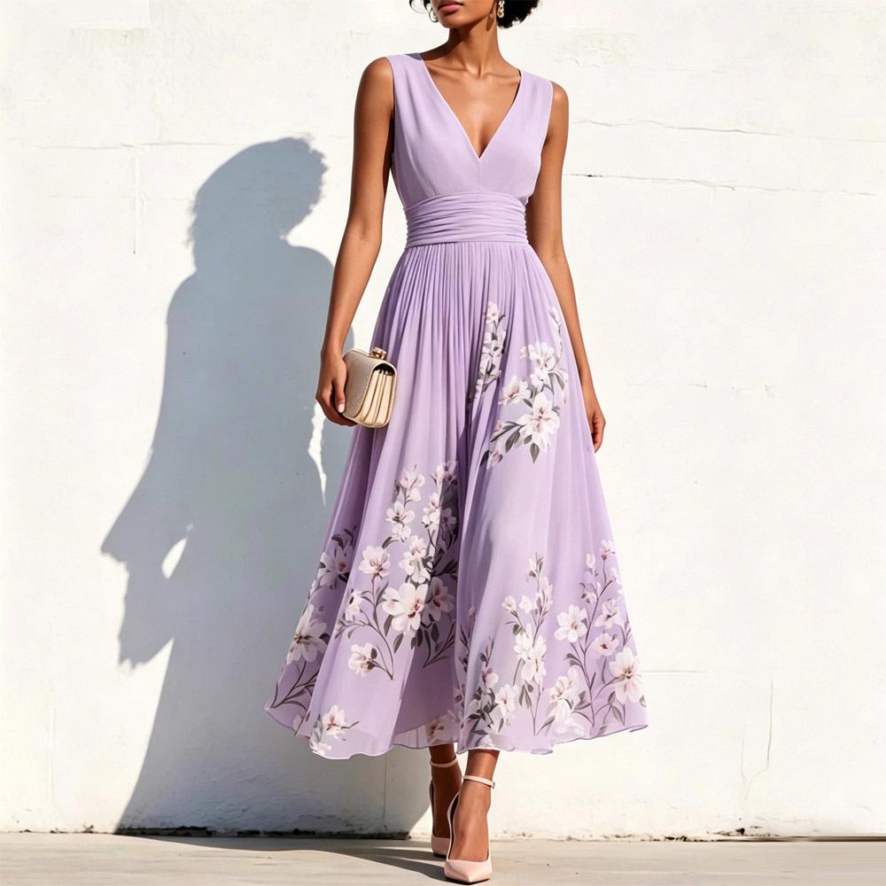 Women's V-Neck Floral Long Sleeve Pleated Dress 2026
