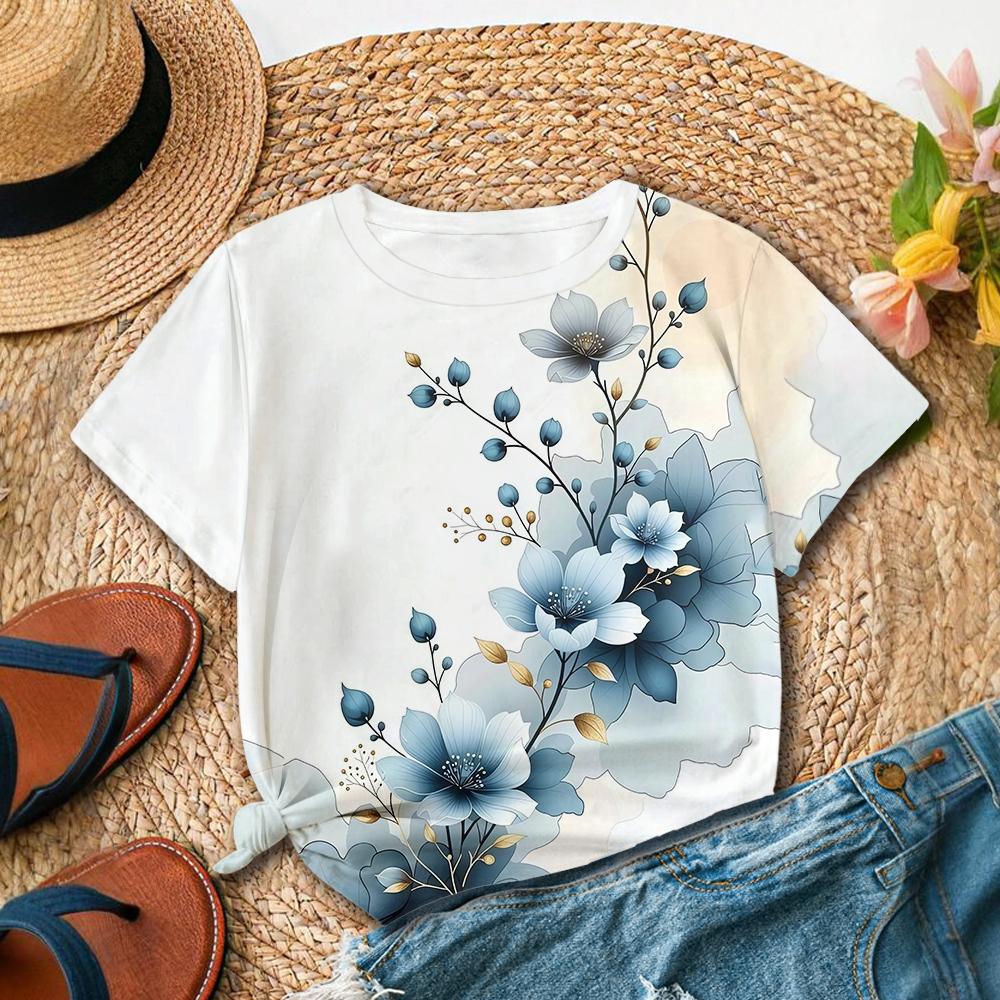 Fashion and Artistic Style Blue Floral Red Floral Print Daily Casual Women's Short Sleeved T-shirt