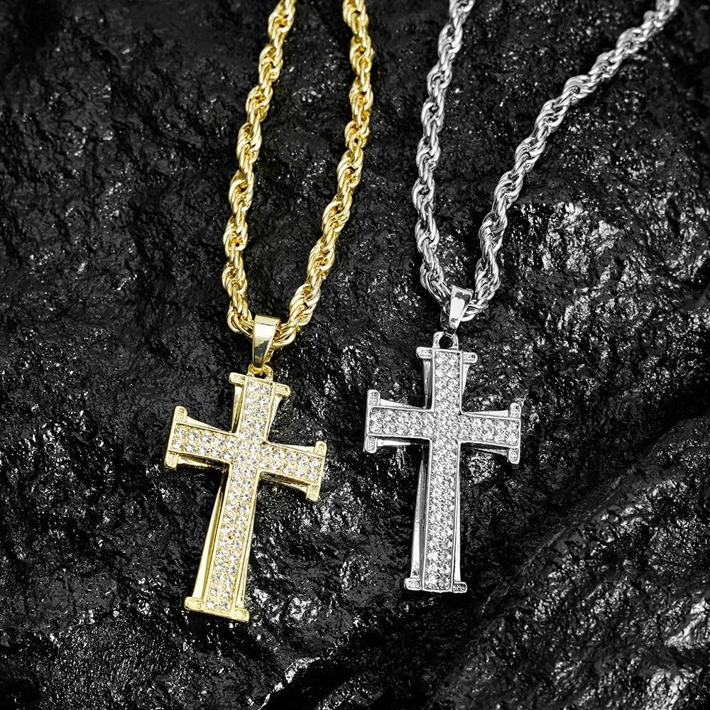 Hip Hop Mens Women Cross Pendant Necklace With 4MM Rope Chain Iced Out Bling Cross Pendant Necklaces Hip Hop Couple Jewelry Gift