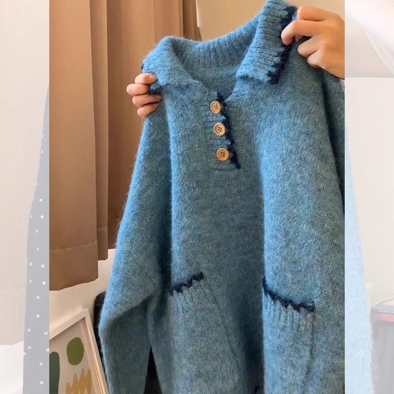 Retro Pullover mit minimalistischem süßem Farbblockspitzen-POLO-Kragen, lässig, vielseitig, Strickware