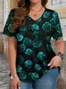 Elegant Floral V-Neck Women's Plus Size T-Shirt - Soft Casual Comfort Fit Short Sleeve Top
