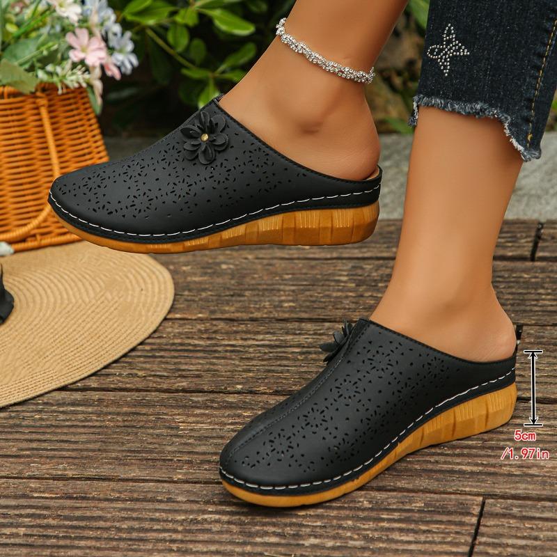 

Large size bag head half slippers women s summer new flower thick bottom hollow lazy slope heel slippers 36 чёрный