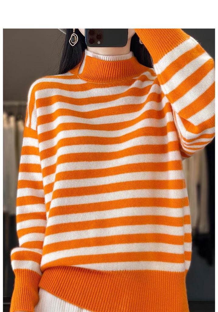 Korean Style Women's Striped Color-Block High Neck Knit Pullover Sweater