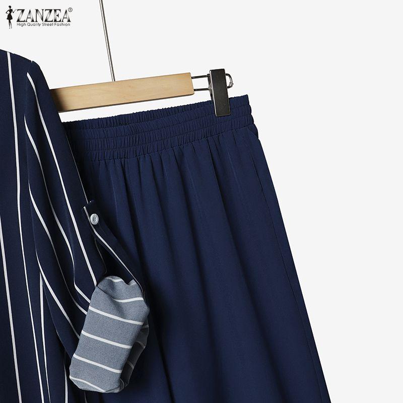 ZANZEA Women Long Sleeve Stripe Blouse and Long Pants Casual Two Piece Suit Sets