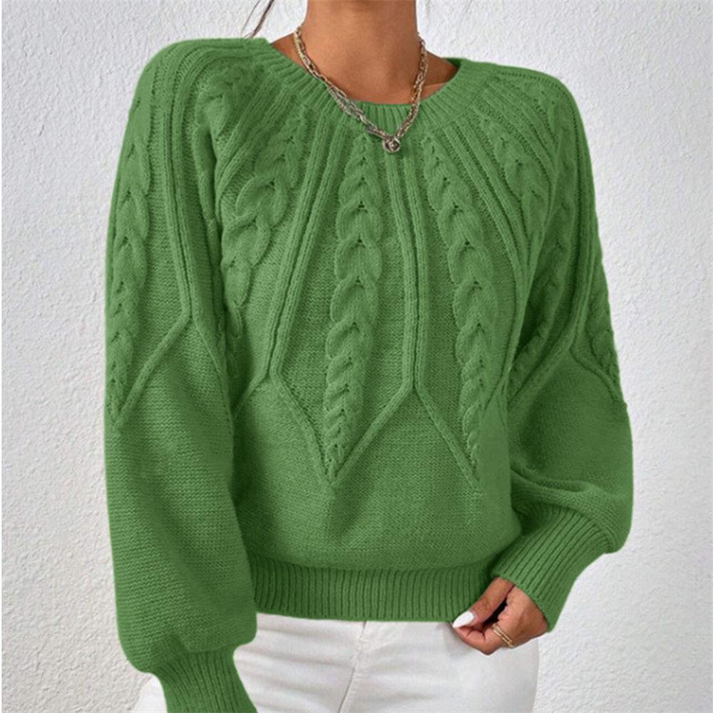 Women's Autumn/Winter Solid Color Cable Knit Sweater, Loose Crew Neck Lantern Sleeve Versatile Knit Top S-XL