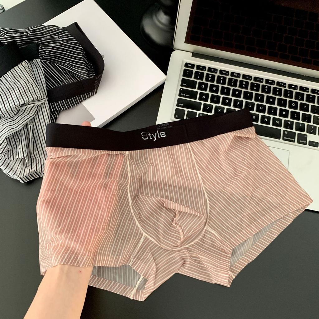 Men's Spring and Summer Striped Ice Silk Quick Dry Transparent 10A Antibacterial Mid Waist Flat Angle Briefs