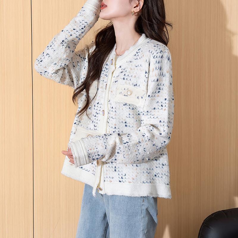 TonLion Women's Elegant Tweed Round Neck Cardigan