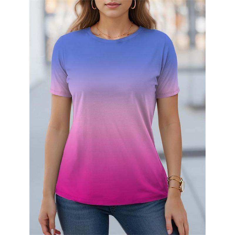 Sommerliche lässige Damen-T-Shirts mit Farbverlaufdruck, Kurzarm, Rundhalsausschnitt, Damen Streetwear, übergroßer Outdoor-Pullover