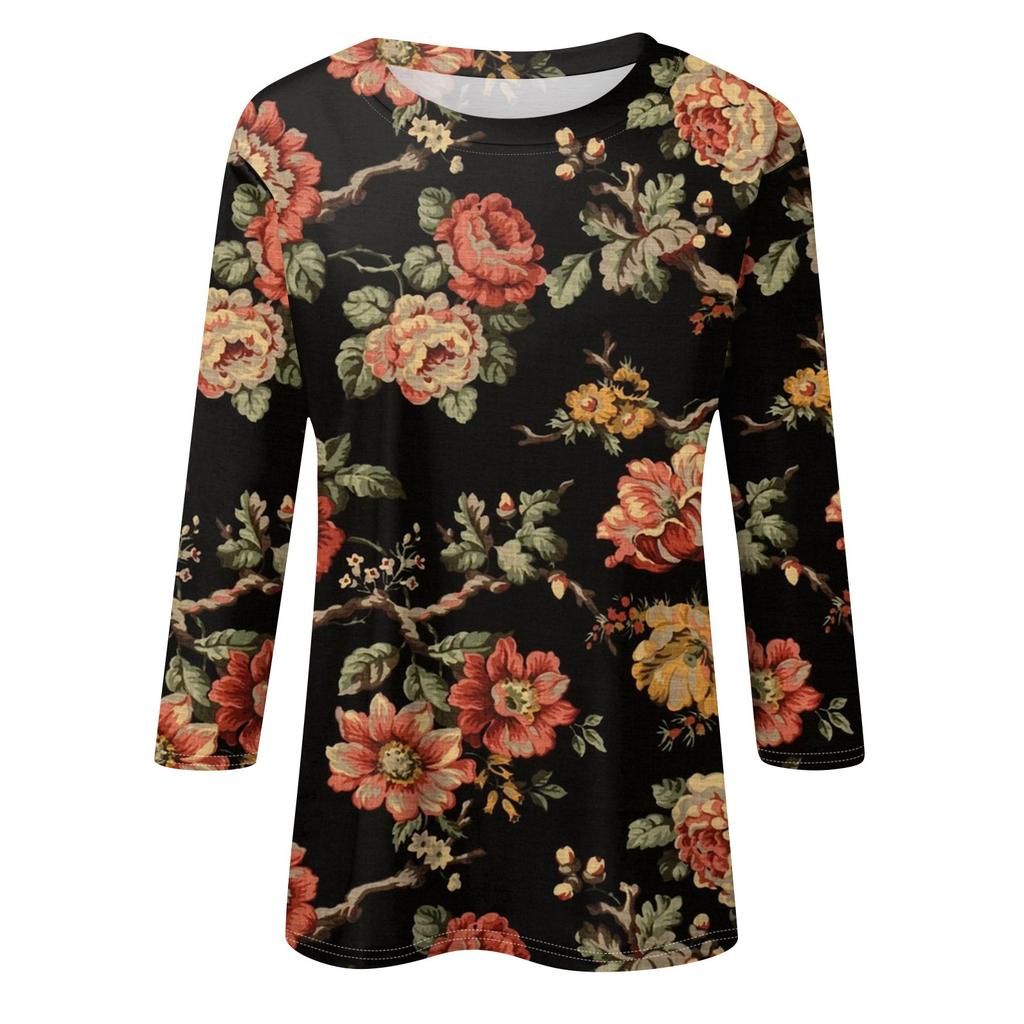 Women's Fashionable Casual Round Neck Three-Quarter Sleeve Printed T-Shirt Top