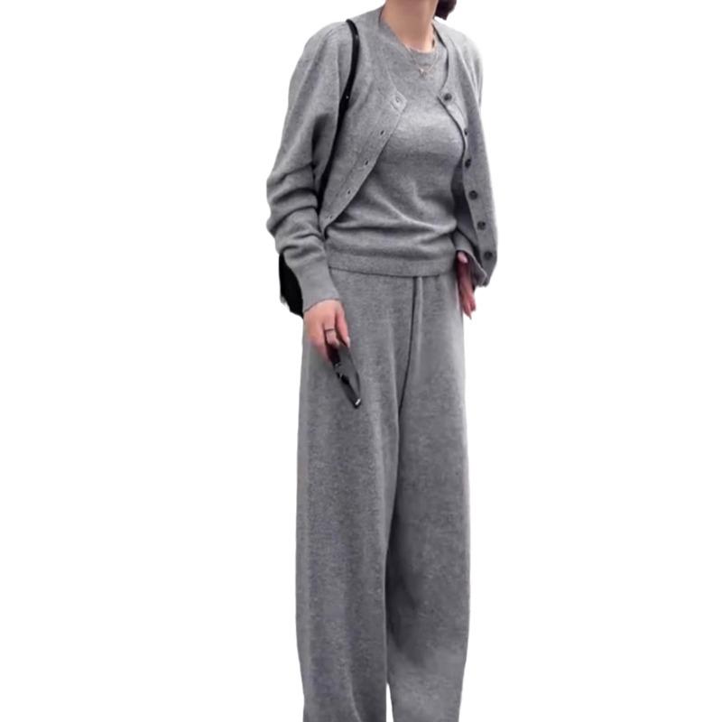 Grey simple fashion casual sweater set women's autumn and winter vest knitted sweater wide-leg pants three-piece set