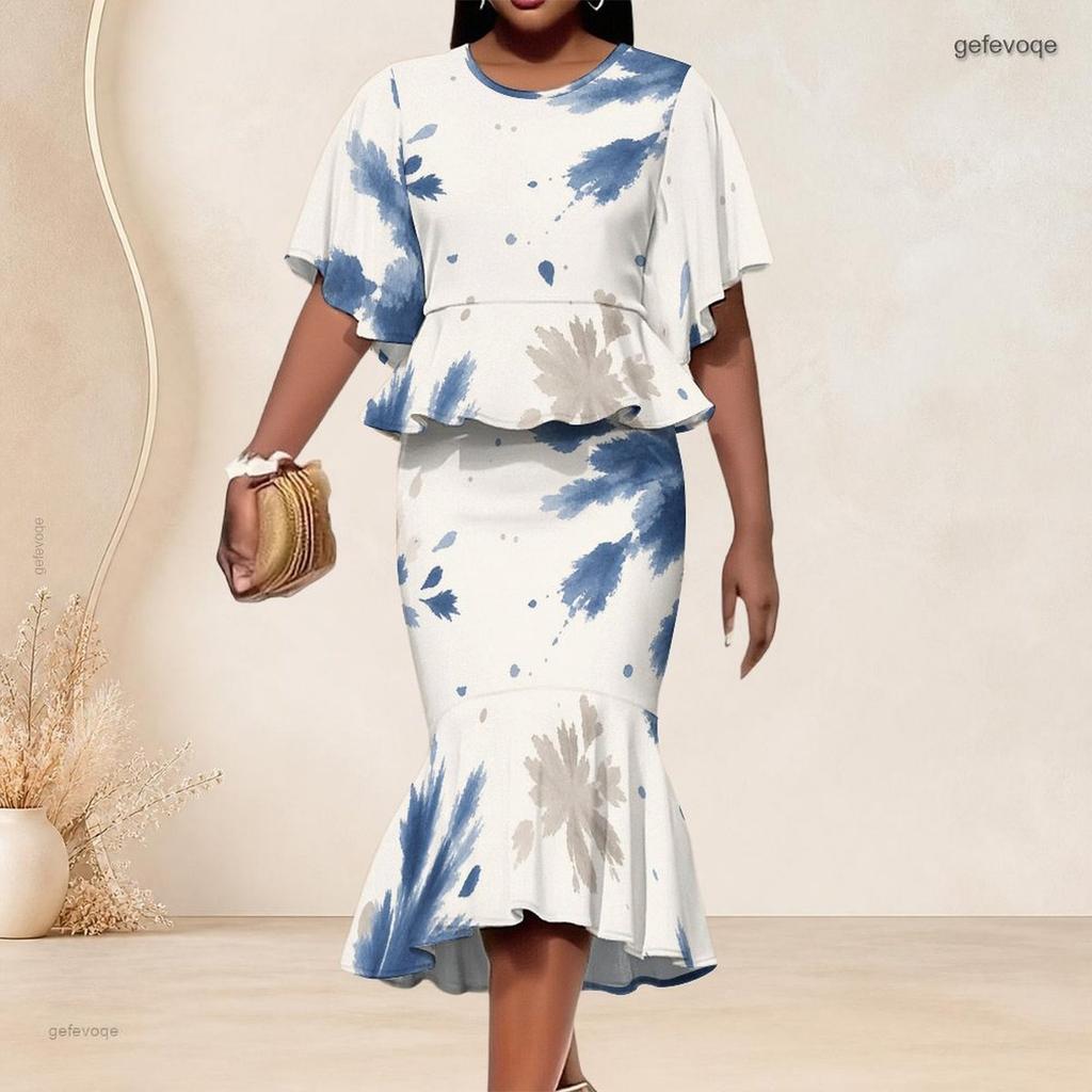 Women Plus Size Abstract Printed Round Neck Batwing Sleeve Ruffle Hem Top Fishtail Skirt Two Piece Set